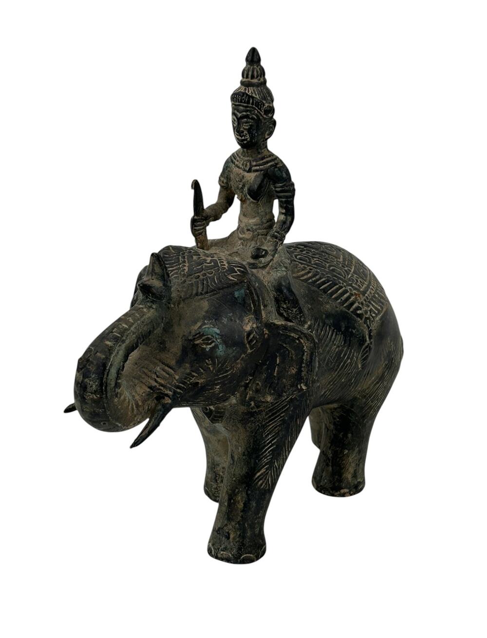 Vintage 1950s Asian Warrior Riding on Elephant Bronze Brass Sculpture Statue